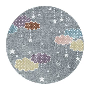 Lucky Wolken baby kinderzimmer teppich kurzflor rund Ø 120cm grau